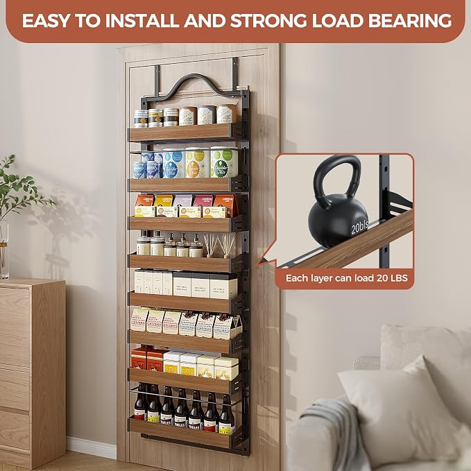 8-Tier Pantry Door Organizer, Over the Door Pantry Organizer with Wooden Adjustable Baskets, 2 IN 1 Spice Rack Wall Mount or Door Organizer, Door Spice Rack for Pantry（72.6×17.1×5.1in,Black)