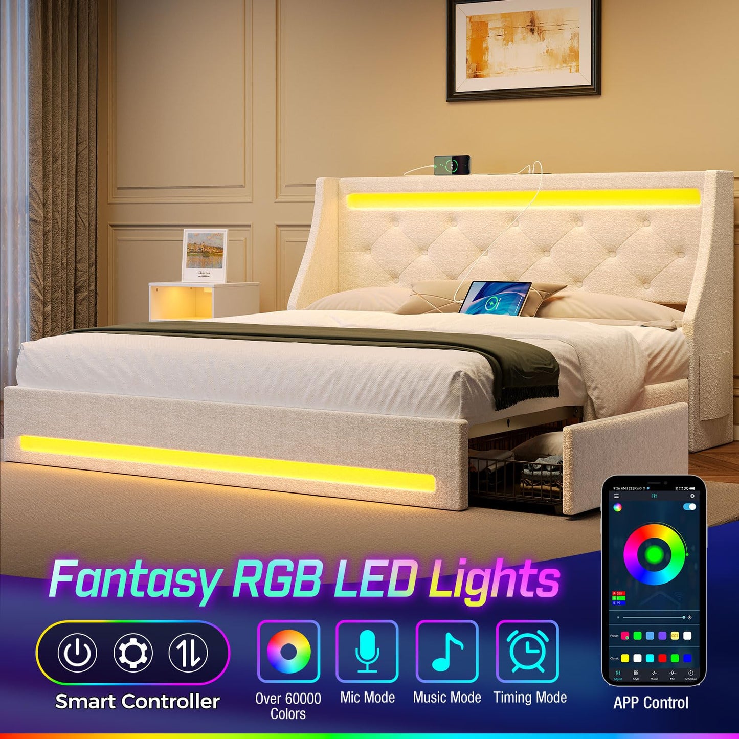 Rolanstar Queen Bed Frame with LED Lights and Charging Station, Upholstered Bed with Drawers, Wooden Slats, Noise Free, Easy Assembly, Beige
