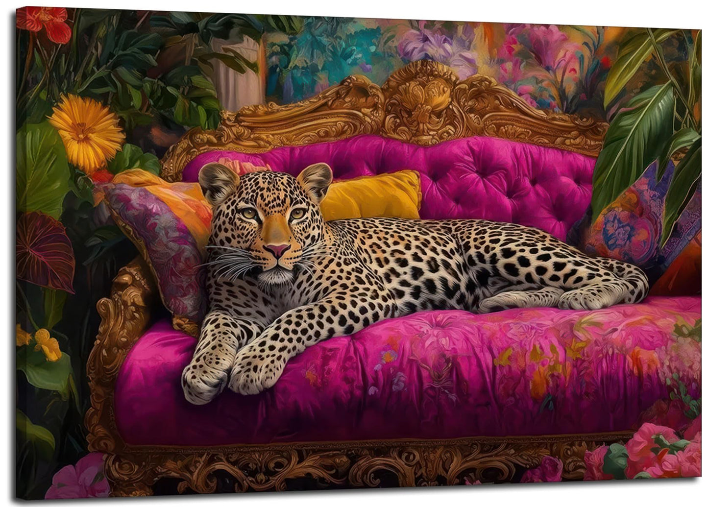 Cheetah Lying On Pink Sofa Canvas Wall Art Eclectic Leopard Wall Decor Pictures Maximalist Animal Portrait Poster Prints for Living Room Home Bedroom Home Decoration 12x16in Ready to Hang