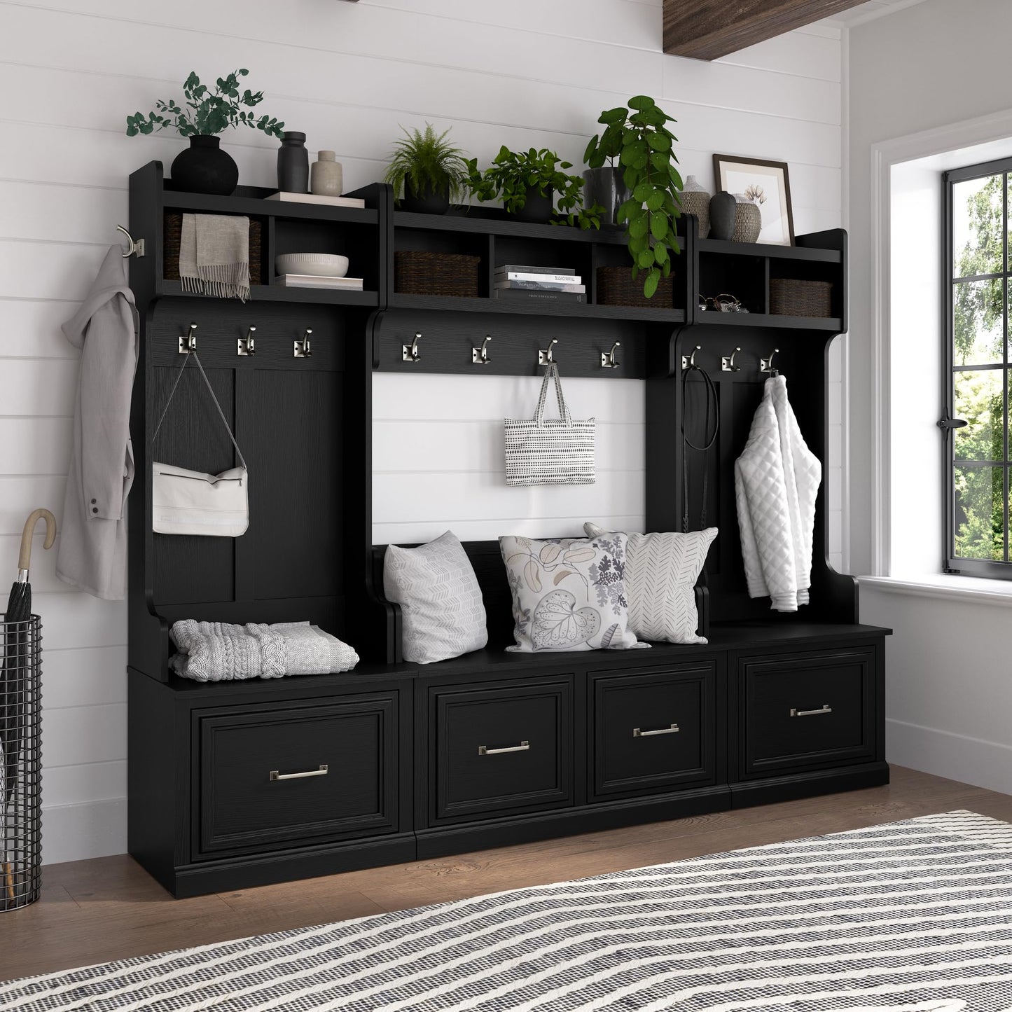 Bush Home Woodland 40W Shoe Storage Bench with Doors and Wall Mounted Coat Rack in Black Suede Oak | Foyer, Mudroom, Entryway Organizer
