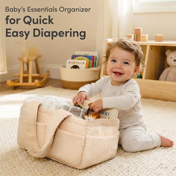 PUTSKA Baby Diaper Caddy Organizer for Changing Table – Stylish Nursery Storage Basket, Newborn Essentials, Baby Shower Gifts and Registry Must-Haves for Boy or Girl, Car Diaper Caddy, Fleece Cream