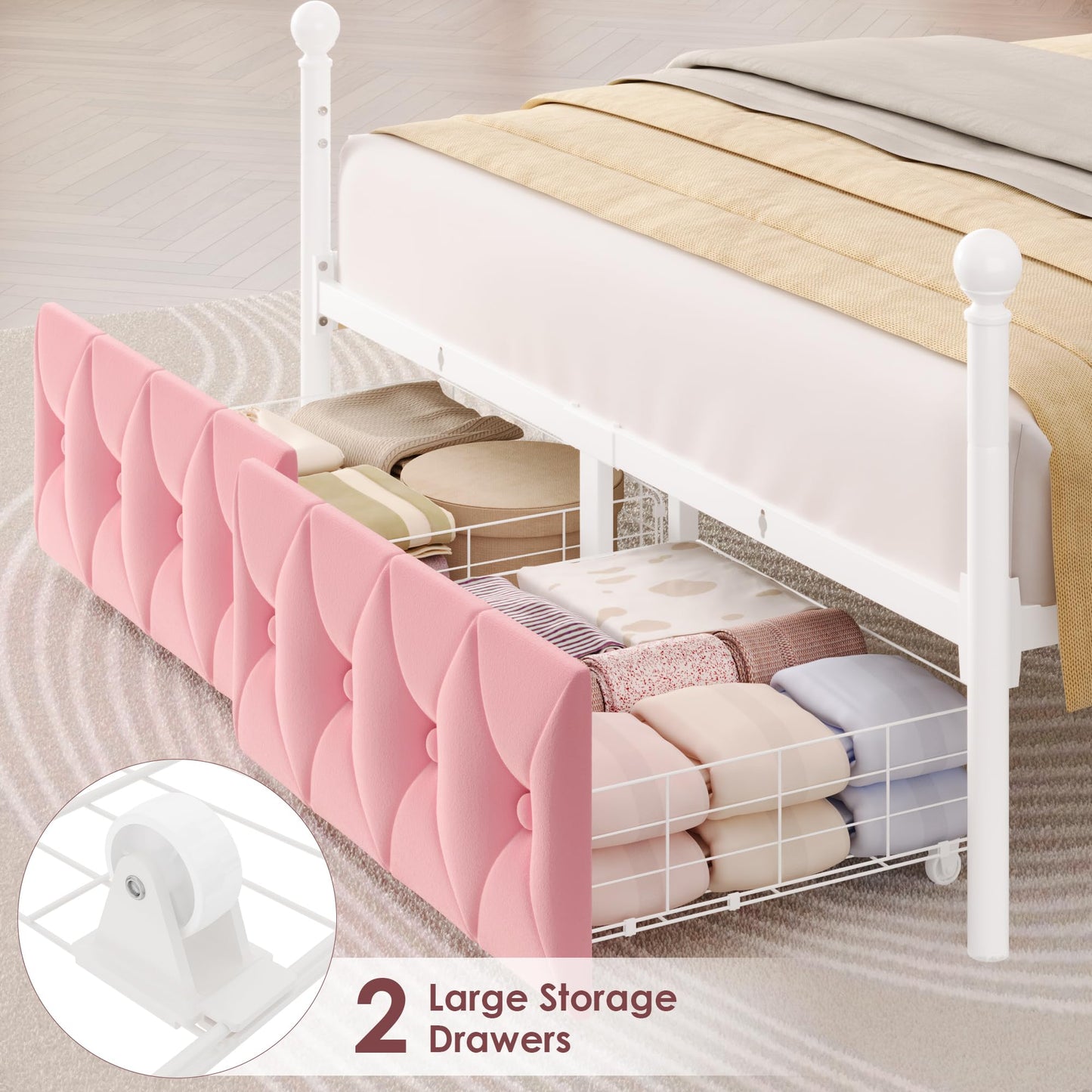 Keyluv Full Upholstered Canopy Bed Frame with 2 Storage Drawers & Button Tufted Headboard, Metal Platform Bed with 4 Removable Posts, Two-Purpose Velvet Bed, Pink/Curtain Not Included