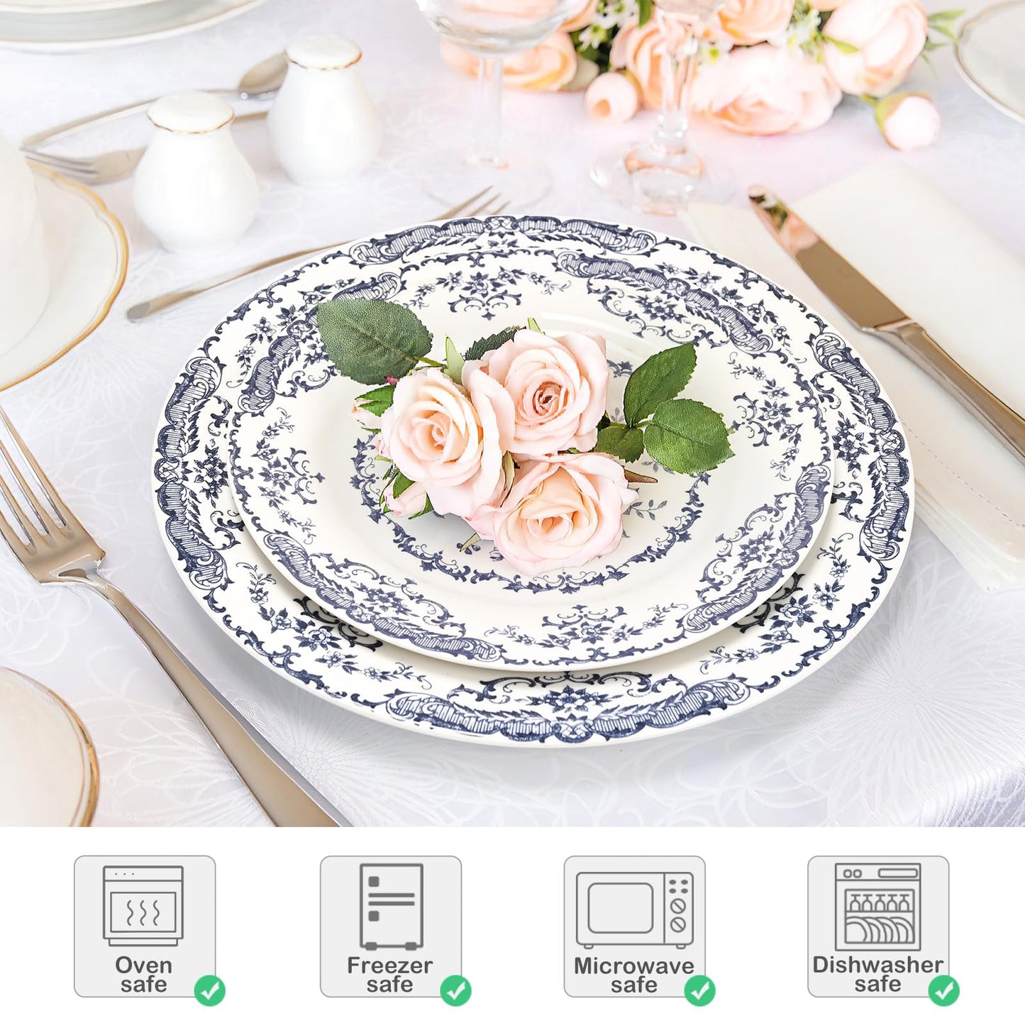 HomeElves Dinner Plates, Ceramic Plates Set of 6, Kitchen Plates Microwave Safe, White Plate Dessert Blue Floral Plate Porcelain (Blue Rose, 10.5 inch)