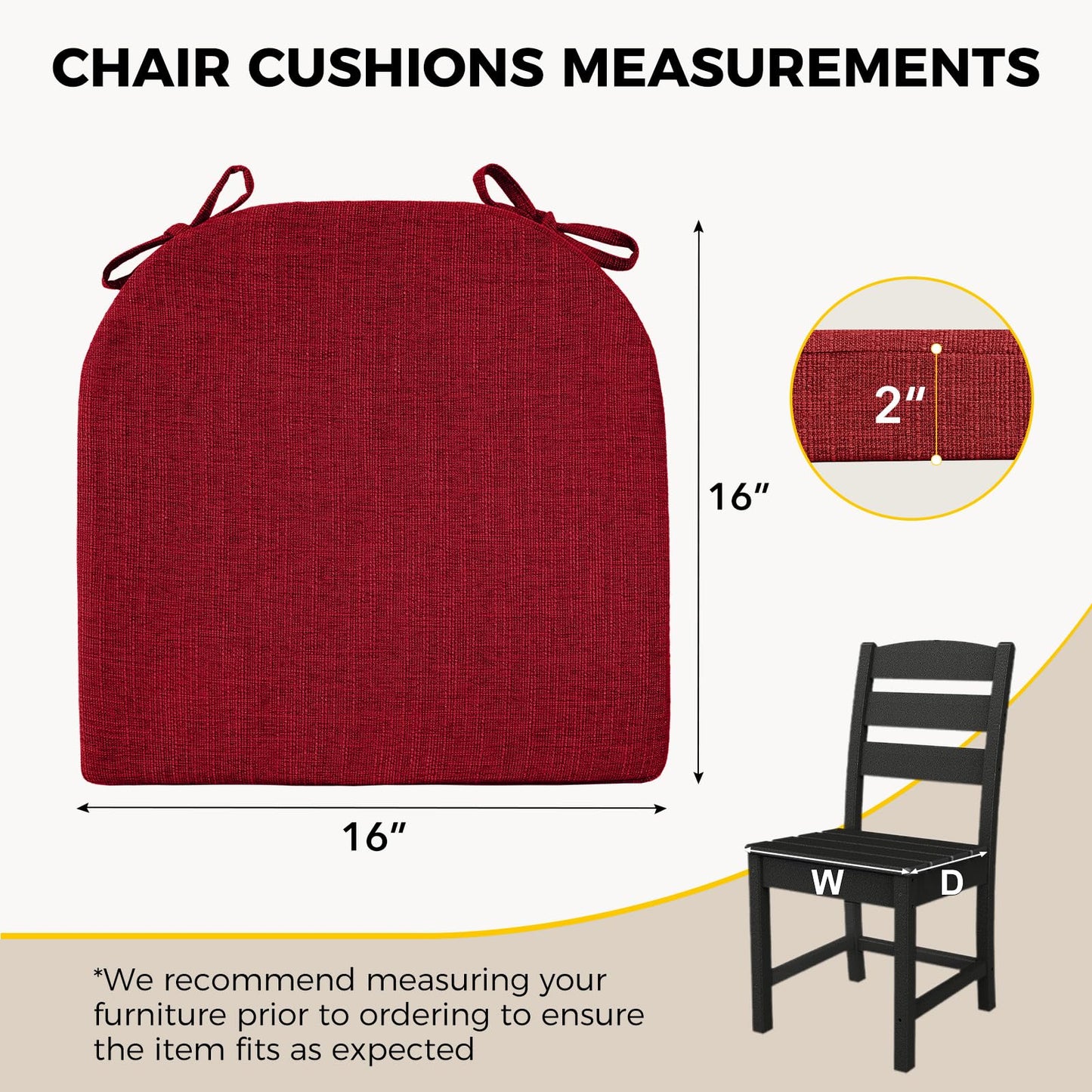downluxe Indoor Chair Cushions for Dining Chairs, Soft and Comfortable Textured Foam Kitchen Chair Pads with Ties and Non-Slip Backing, 16" x 16" x 2", Red, 4 Pack