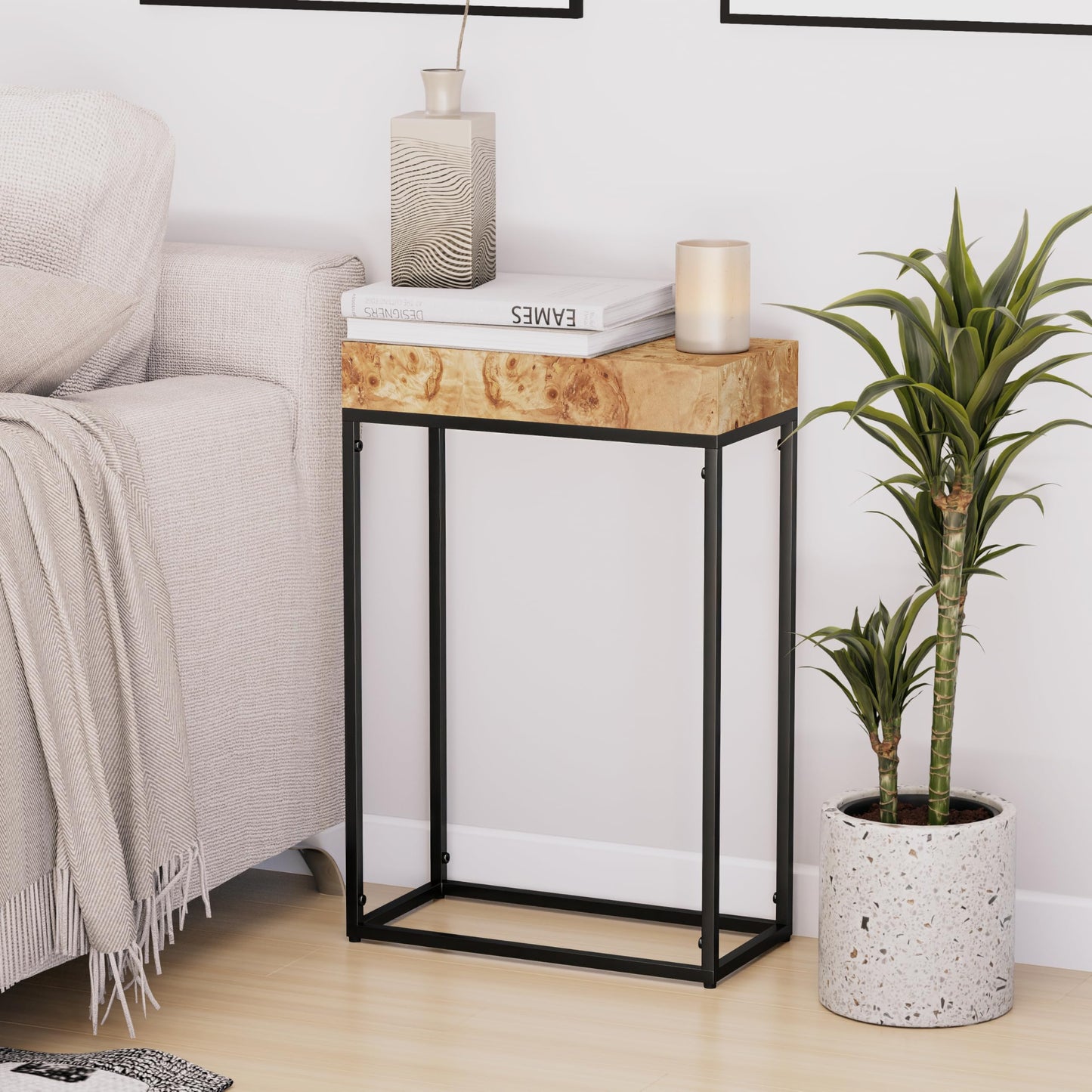 COZAYH Burl Finish Wood Top Tall End Table, Metal Frame Pedestal Display Stand Side Table for Plants, Lamps, or Home Décor, Living Room, Entryway, Office, Rectangular