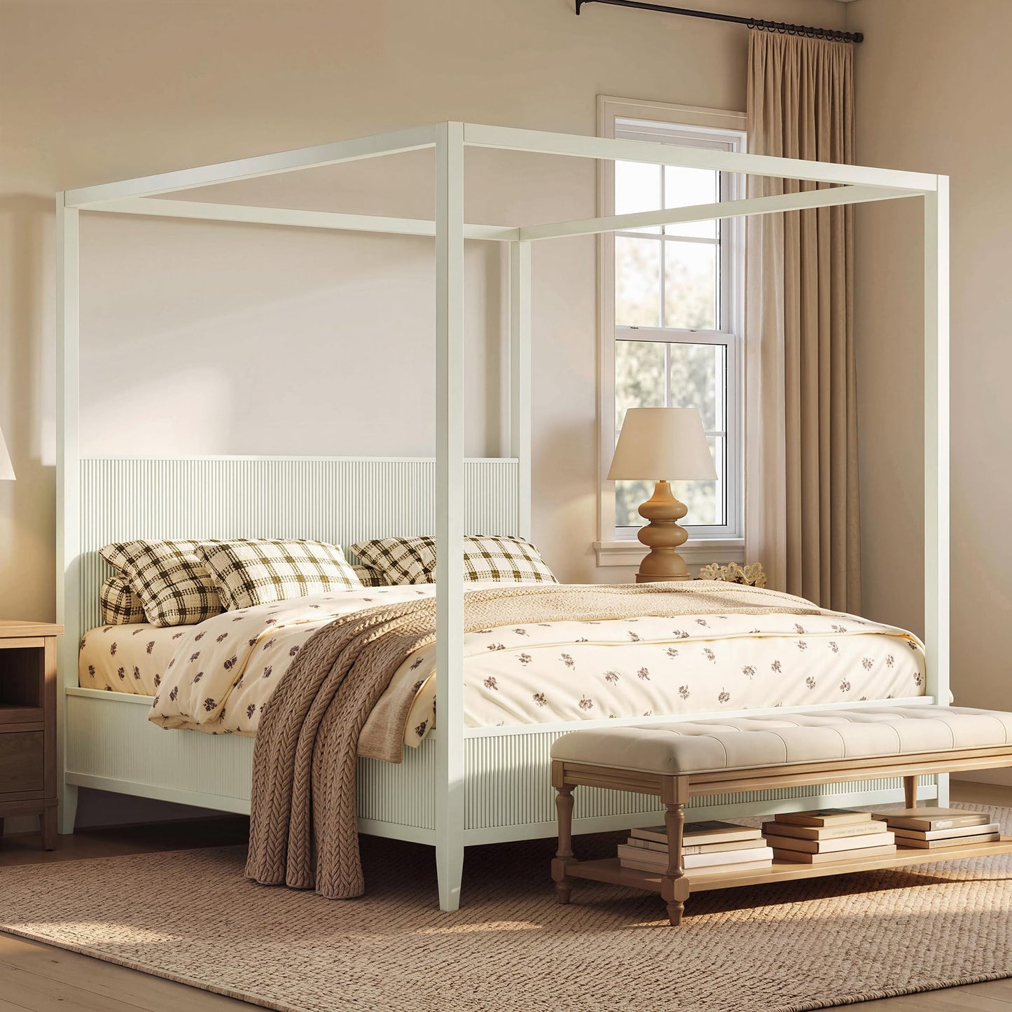 Merax Modern Luxury King Size Wooden Canopy Bed Frame with Headboard, Slats Support, Wood 4 Poster Bed Frame, No Box Spring Needed, Contemporary Bedroom Furniture, Beige