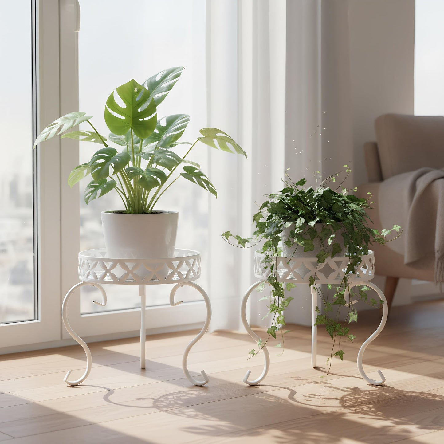 TOPZEA 2 Pack Metal Plant Stand for Flower Pot, Heavy Duty Potted Plant Holder Support Rack, Rustproof Iron Round Plant Pedestal Display Stands for Indoor Outdoor, Floor, Garden, Patio, Balcony, White