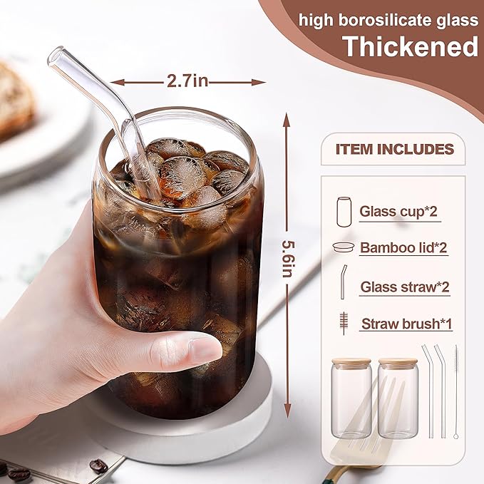 DWTS DANWEITESI Iced Coffee Cups with Lids 2 pcs,16 oz Glass Cups with Lids and Straws as Coffee Bar Accessories,Beer Drinking Glasses,Reusable Glass Tumbler,Cute Coffee Cups for Coffee, Juice, Gifts