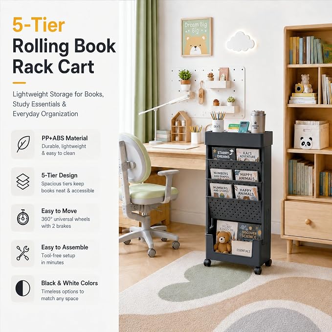 5-Tier Rolling Bookshelf, Book Storage Organization with Wheels Mobile Bookshelves Cart for Home Office Kids' Study Room School, Black