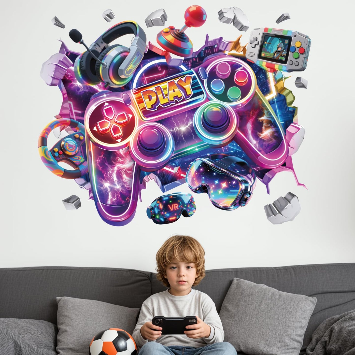 Peelora Large 3D Game Wall Stickers Gaming Joystick Gamer Controller Video Wall Decals Boys Playroom Teenagers Bedroom Reusable Self-Adhesive Wall Decor Stickers