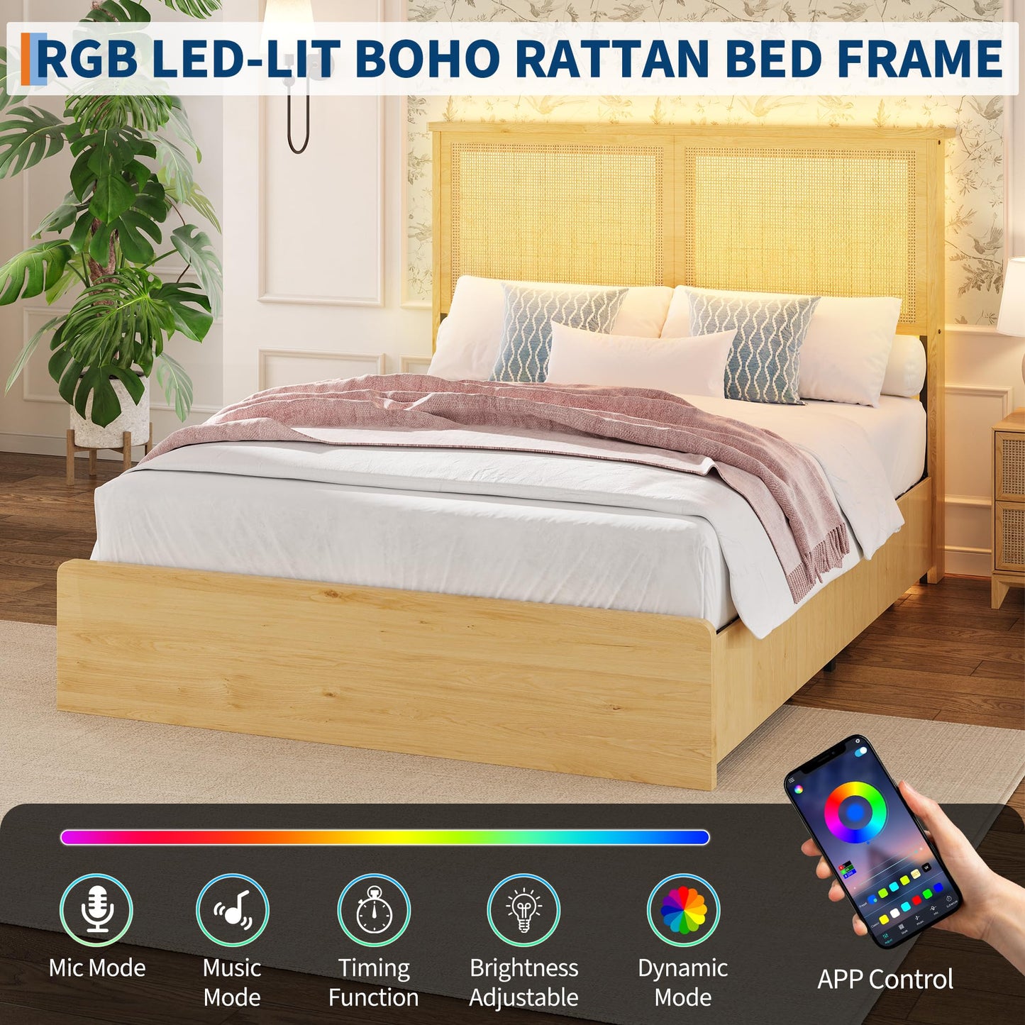 IDEALHOUSE Rattan Full Bed Frame with 4 Storage Drawer, LED Lights & Natural Rattan Headboard, Wood Full Size Bed Frame with Sturdy Wood Foundation, No Box Spring Needed, Natural