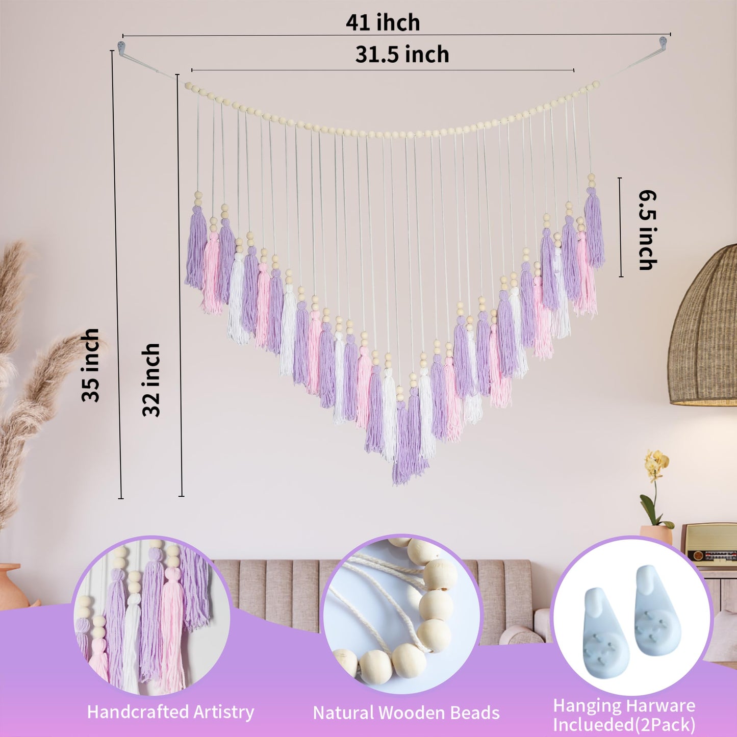 Pink & Purple Macrame Hanging Boho Wall décor, Purple Wall Decor for Bedroom Living Room Girls Room Nursery Large Tassel Hanging with Wood Beads 41" W x 32" H