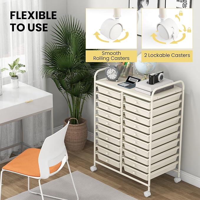 Giantex 20 Drawers Rolling Cart, Mobile Storage Drawer Cart, Classroom Organizer for Office School Supplies Tools Scrapbook Paper Craft Small Printer, Utility Stand on Wheels, Ivory White