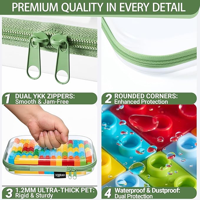 YQBRAO 6 Pack Sleek Green Clear Hard Shell Zipper Case, 1.2mm Heavy Duty Tech & Cord Organizer Pouches, Crush-Proof Electronic Storage for Travel, Tools & Diaper Bag (2L+2M+2S)