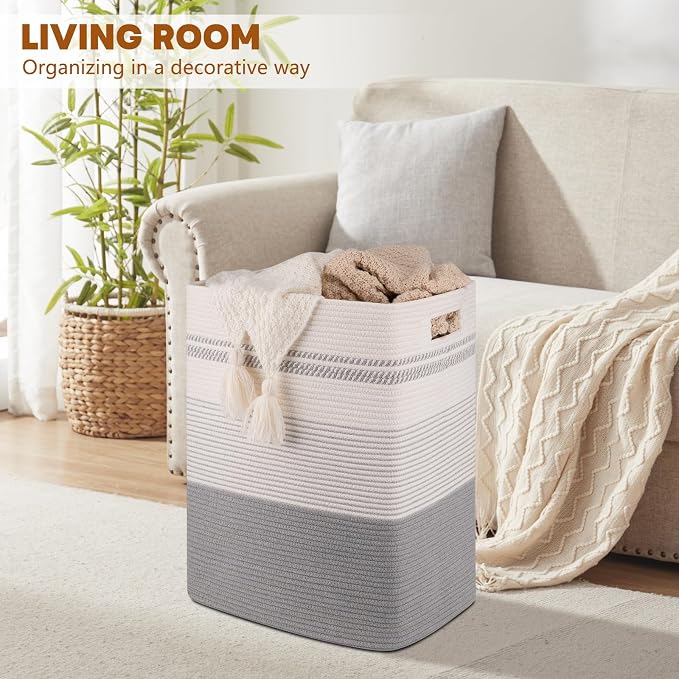 80L Large Cotton Rope Laundry Basket for Bedroom & Laundry Room, Tall Clothes Hamper with Sturdy Handles, Neutral Storage Bin Capable of Holding Blankets and Toys