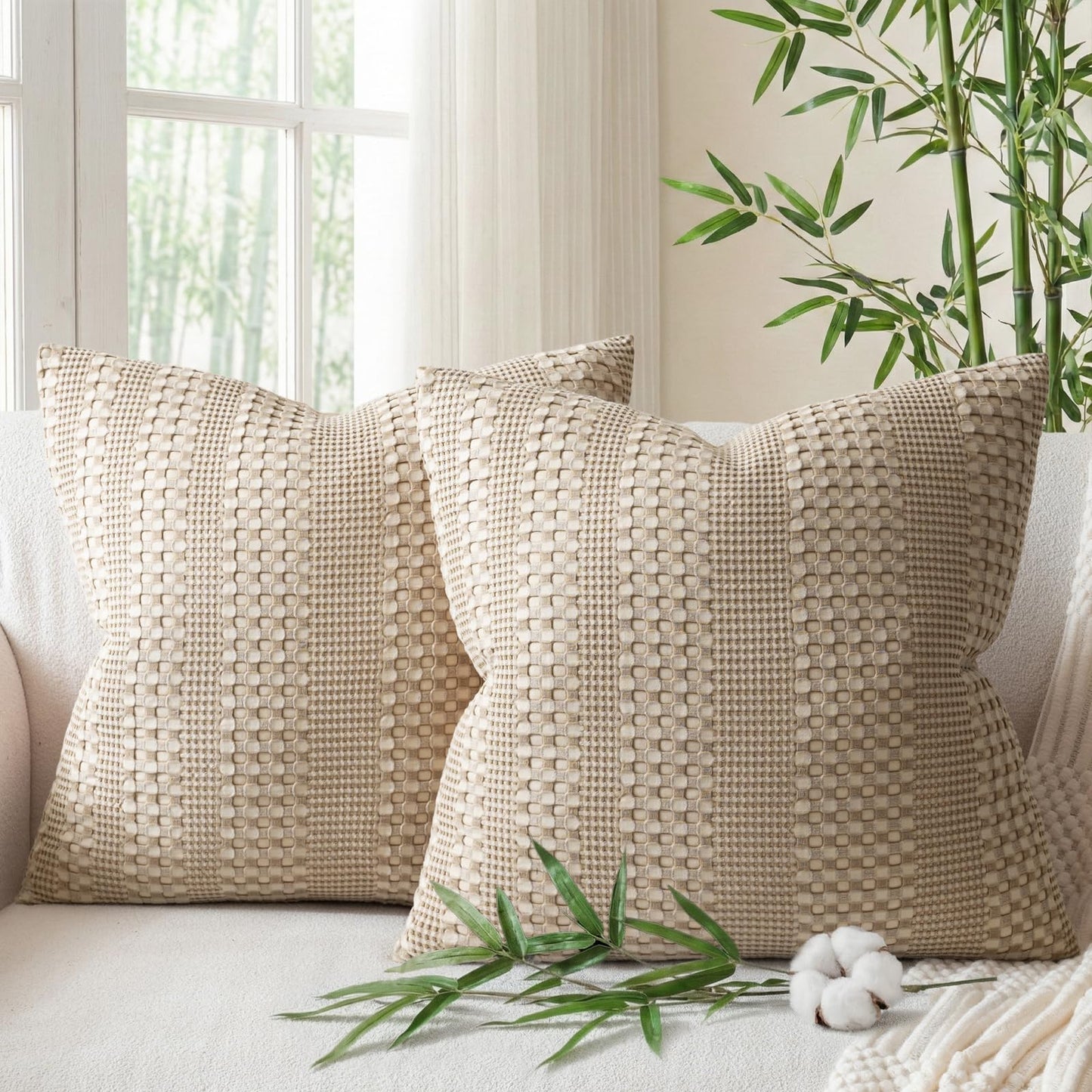 a moment 2 Pack Bamboo Fiber Pillow Covers - Waffle Weave, Ultra Soft & Breathable, Euro Shams Cotton Throw Pillow for Couch, Sofa, Bedroom Living Room 24x24 Inch Khaki