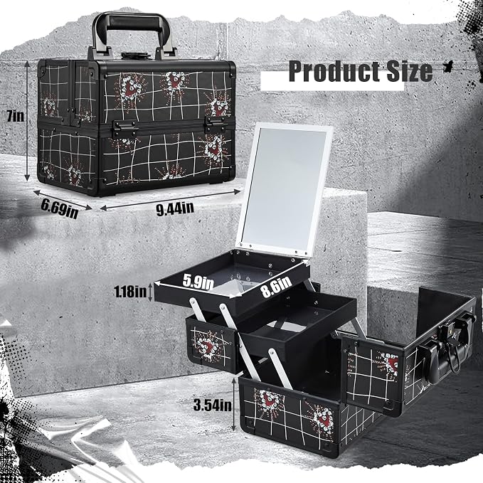 Joligrace Makeup Train Case Portable Makeup Case Organizer 2 Trays Cosmetic Box Storage with Mirror Lockable with Key for Cosmetics Nail Tech Traveling Makeup Travel Box Punk Love Hearts