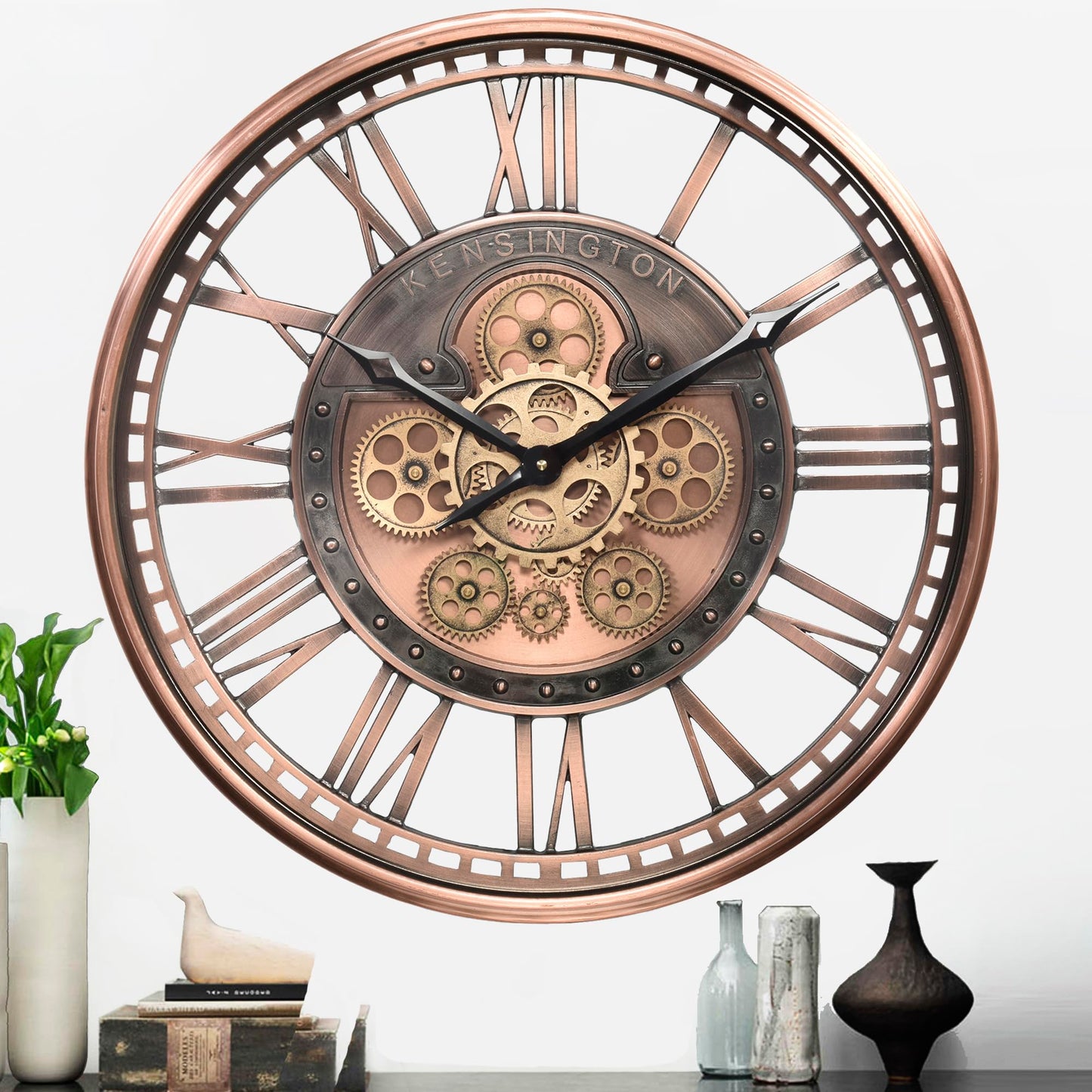 CLXEAST 21 Inch Large Roman Numeral Wall Clock with Moving Gears,Farmhouse Copper Rose Gold/Copper Metal Wall Clocks for Living Room Decor,House Warming Gifts New Home