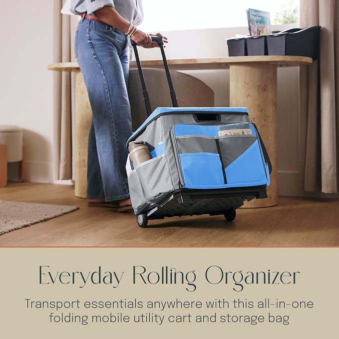 Mobile Folding Utility Cart with Canvas Storage Organizer Bag, Rolling Cart, Blue/Grey
