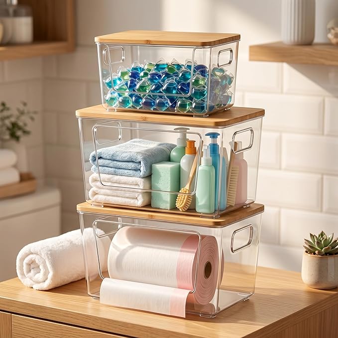 spospo 3 Pack Trash Bag Holder with Bamboo Lid, Stackable Trashbag Dispenser, Extra Large Garbage Bag Holder for Kitchen Laundry Room Under Sink Organization and Storage