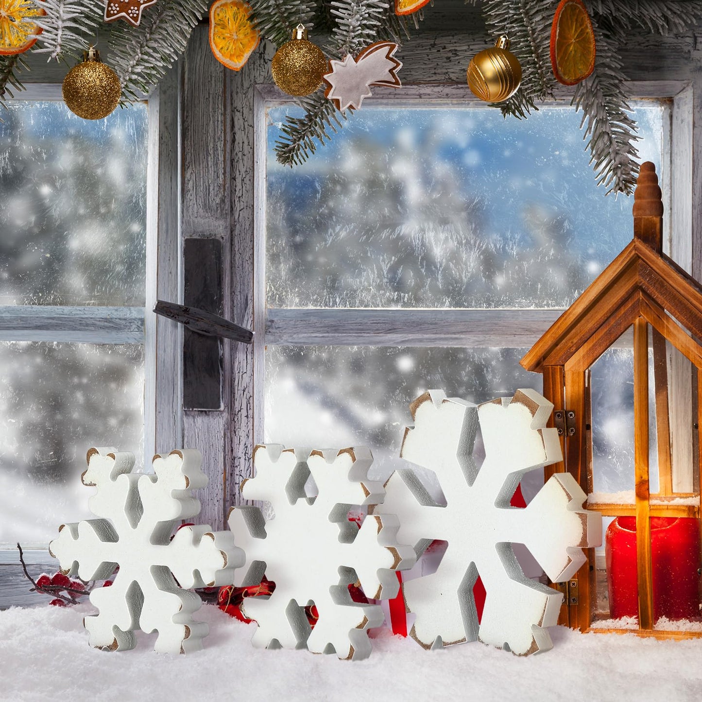 Bucherry 3 Pcs Winter Wooden Snowflake Decor Rustic Winter Snowflake Table Signs Wonderland Wood Blocks Farmhouse Christmas Tiered Tray Decorations for Xmas Table Shelf(Retro White)
