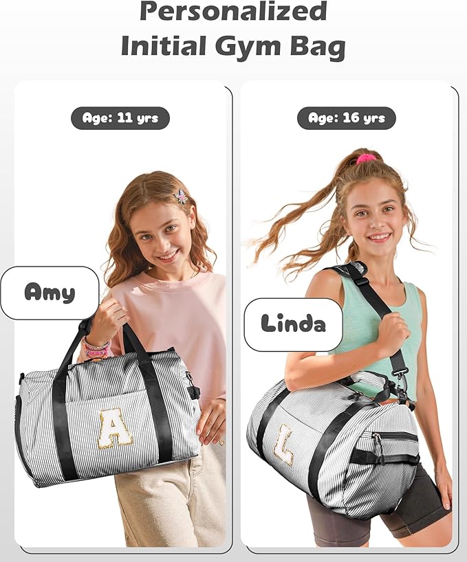 Girls Cheer Up Gifts, Girl Gym Bag, Kids Monogram Overnight Duffel Bags with Shoe Compartment, Personalized Travel Bag with Makeup Pouch, Dance Gift for Niece Sister Daughter (Letter K)