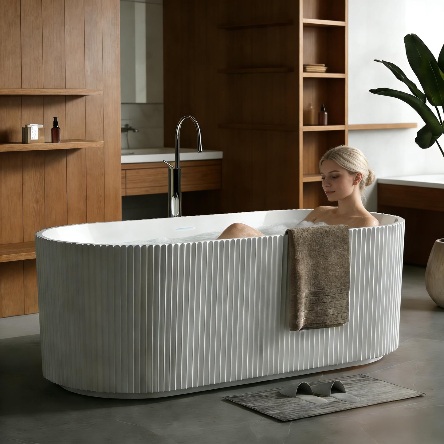 59" Acrylic Freestanding Bathtub, Modern Acrylic Soaking Bathtub, Freestanding Rectangular Tub with Matte Drain and Overflow, Ergonomic Deep Design, Double-Walled Insulation, CUPC Certified
