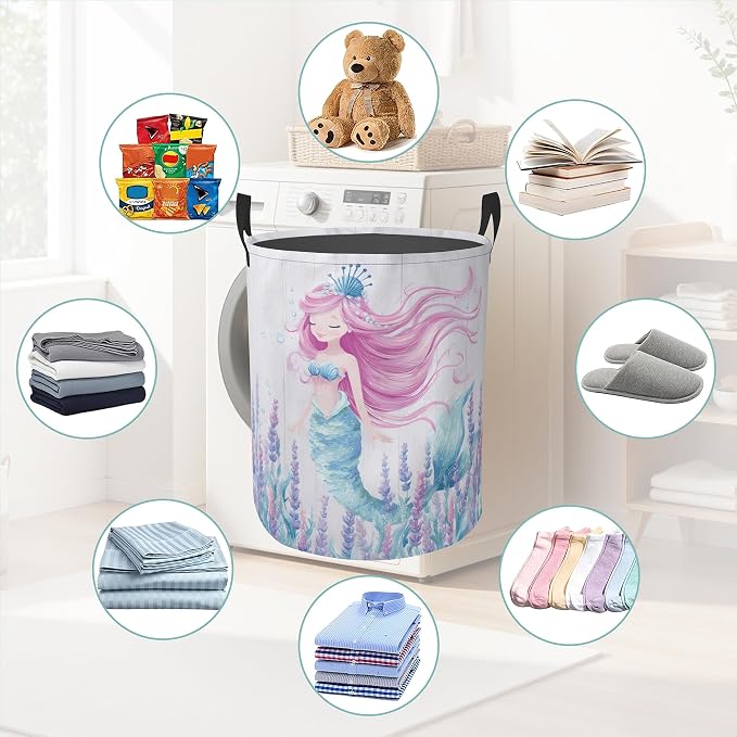 Mermaid Laundry Basket With Handles Tote Bag Oxford Cloth Funny Laundry Hamper Clothes Storage Bucket Toy Organizer 16" X 20.8"For Bathroom/Laundry/Bedroom
