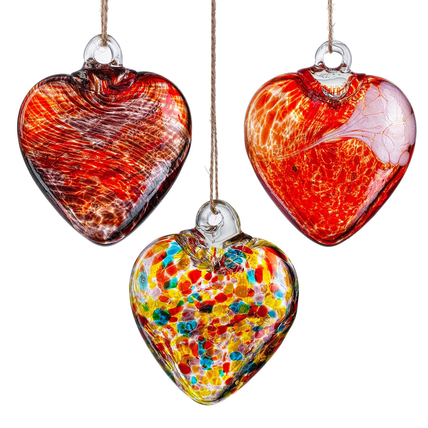 3Pcs Hand Blown Glass Heart Ornaments 3.5inch Hanging Crystal Heart Figurine for Home Garden Wedding Party Decor (Red)