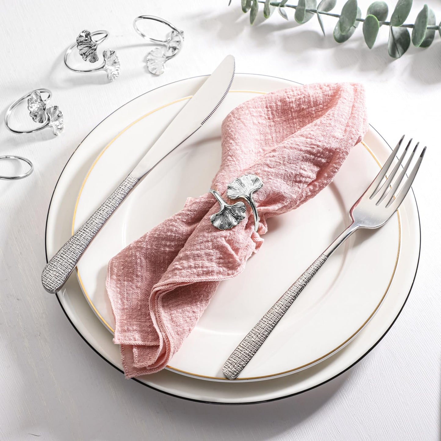 Ginkgo Leaf Napkin Rings Set of 12 Stainless Steel Gold Napkin Holder Metal Napkin Ring for Dinner Party Wedding Banquet Buffet Table (Silver, Ginkgo Leaf)