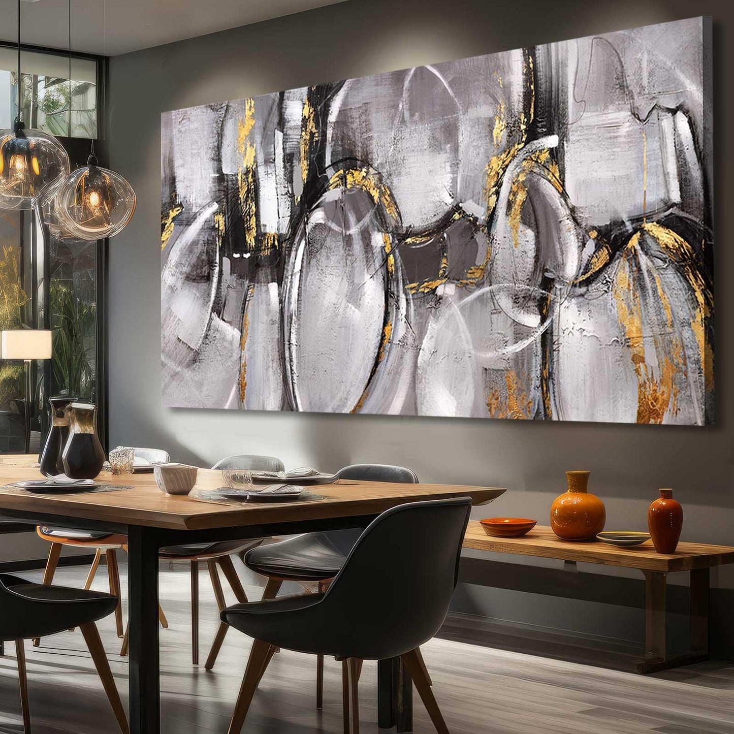 XIANSHOU Black and Grey Painting Pictures Abstract Wall Decor for Office 29"x 58" Modern Artwork Gold Foil Wall Art for Living Room Dining Room Bedroom