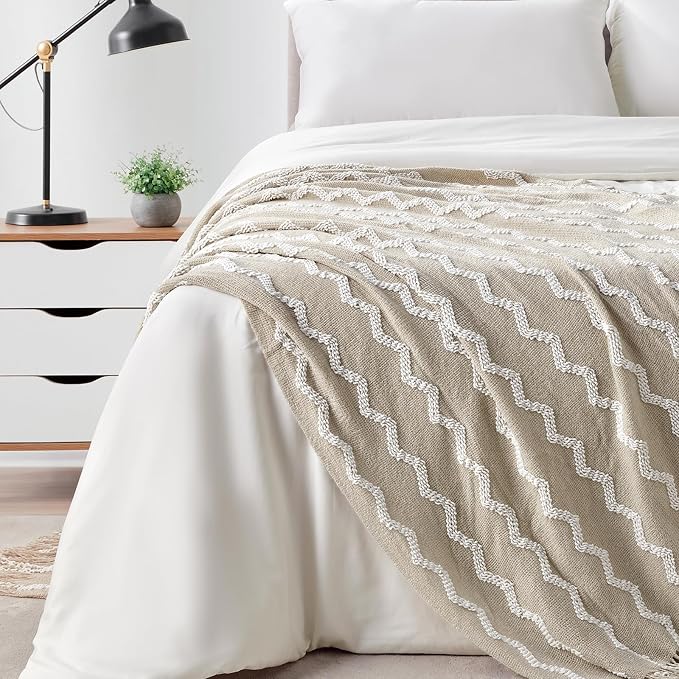 BOURINA Fluffy Chenille Knitted Fringe Throw Blanket Lightweight Soft Cozy for Bed Sofa Chair Throw Blankets, Beige 50" x 60"