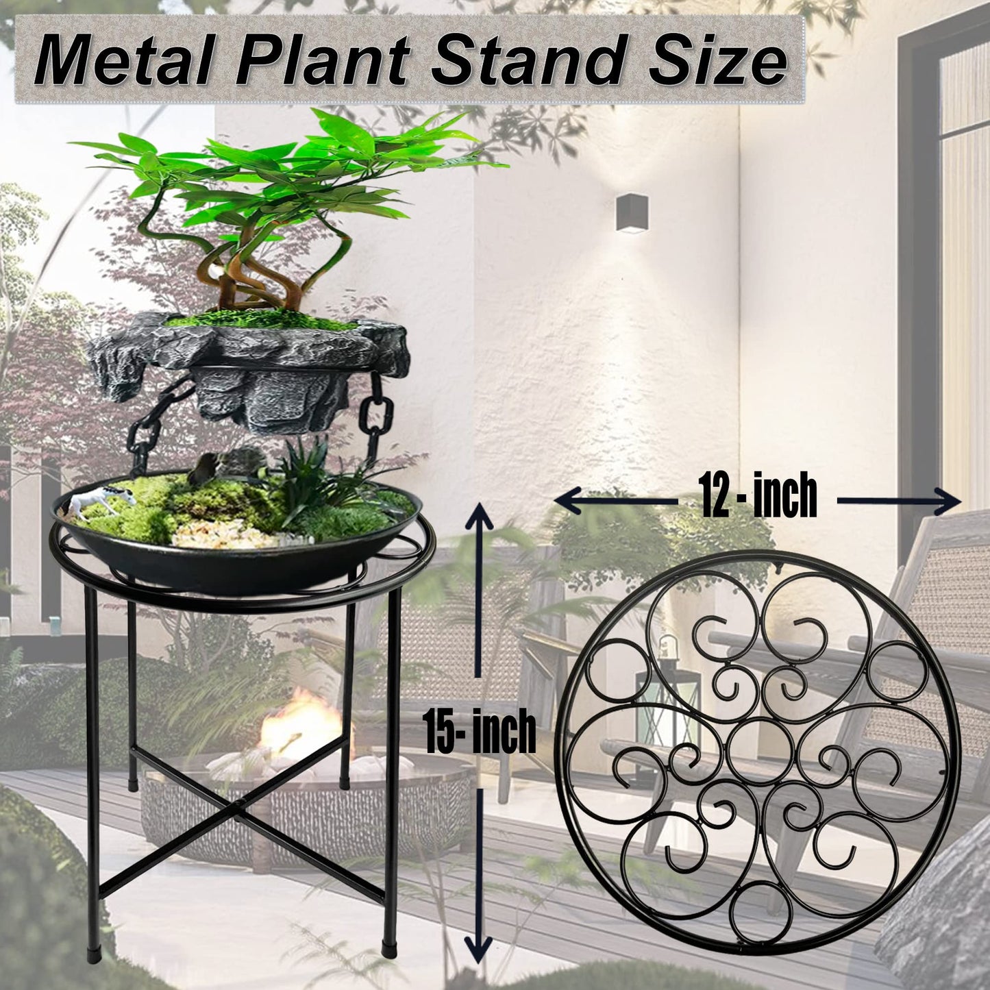 ZEECER Plant Stand, 15'' Tall Plant Stands Indoor Outdoor Set of 2, Retro Design Round Plant Stand, Rust-proof Coated Metal Plant Pot Stand Flower Stands for Indoor Plants Patio Garden Home Decor