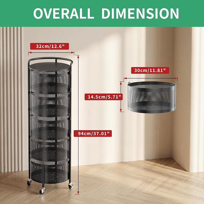JAQ No Assembly 5-Tier Kitchen Storage Cart with Wheels, Rotating Produce Organizer for Onion, Potato & Vegetable Storage, Large Capacity Pantry Storage Rack, Black