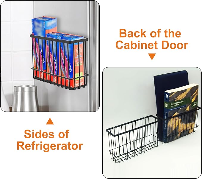 2 Pack Cabinet Door Organizer, Foil and Plastic Wrap Organizer, Wall Mounted Kitchen Organizers and Storage Wire Basket, Pantry Door Storage Kitchen Wrap, Black