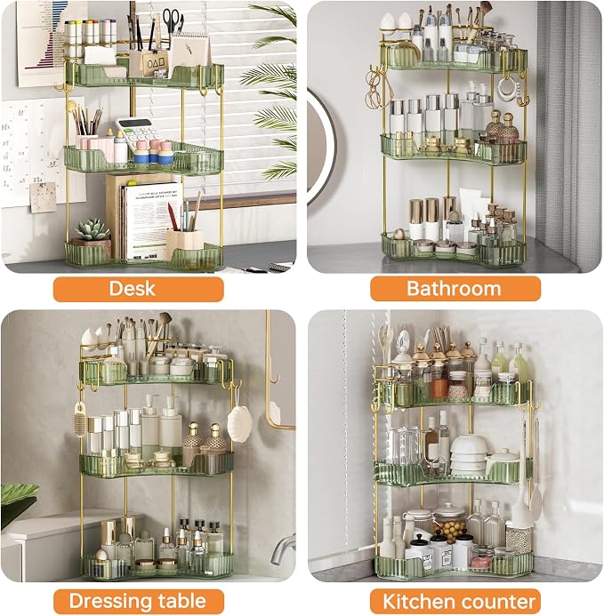 3-Tier Corner Bathroom Counter Organizer，Makeup & Skincare Shelf with Built-in Brush Holder，Space-Saving Bathroom Countertop Organizer for Skincare, Perfume, Cosmetics(Green)