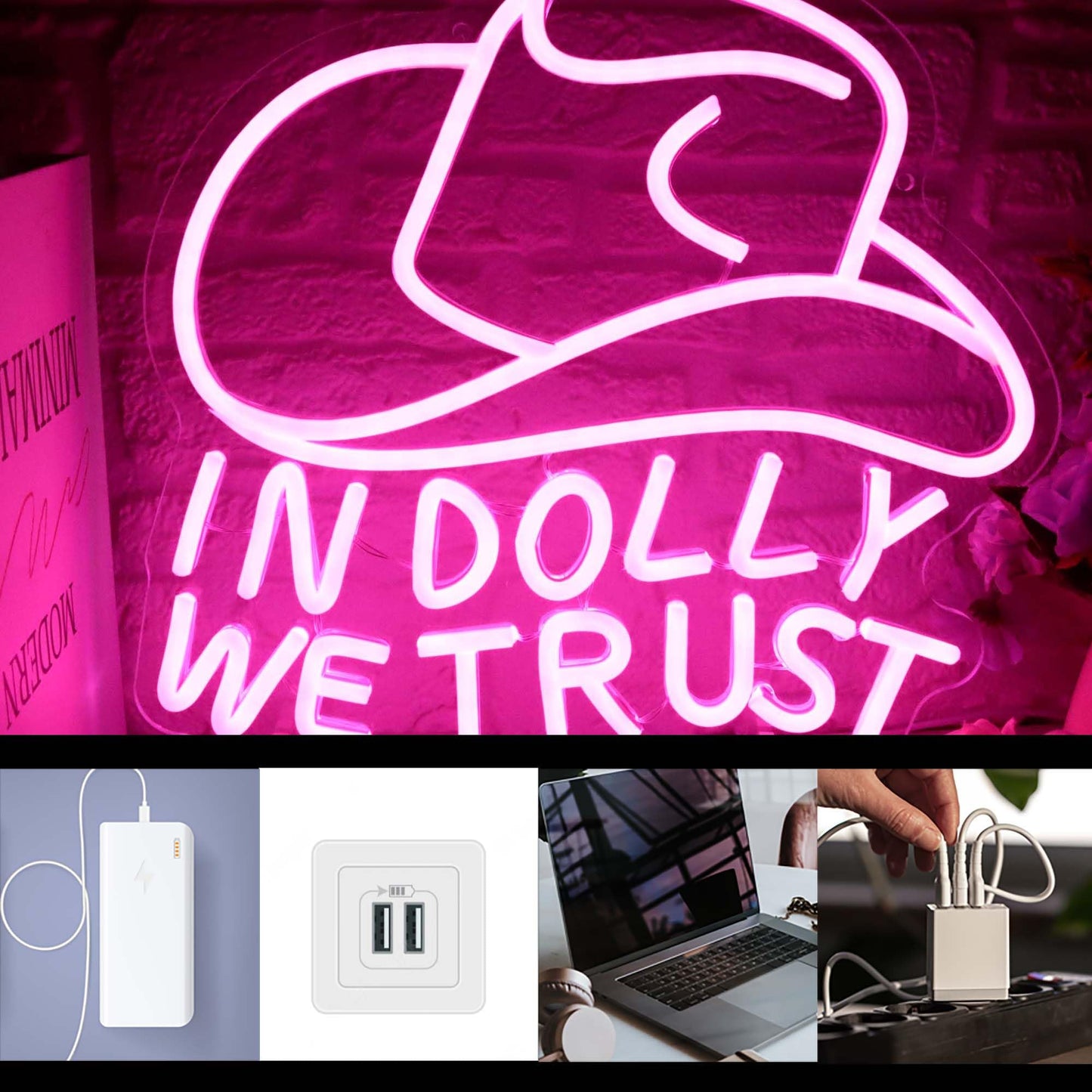 In Dolly We Trust Neon Sign, Pink Cowgirl Hat LED Signs, Country Retro Style Western Wall Art, USB Powered for Teen Bedroom Man Cave Party Aesthetic Christmas Birthday Gift(12.9 * 13.3in)