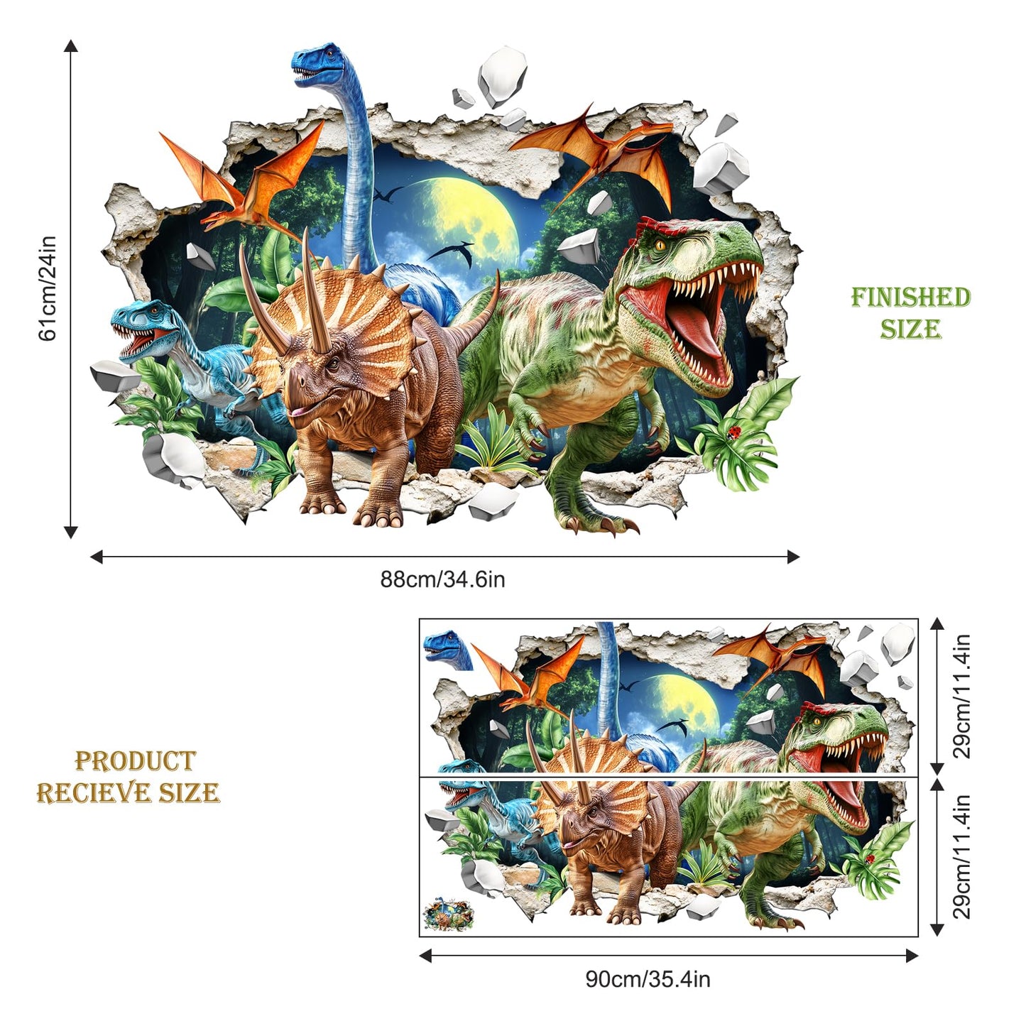 3D Dinosaur Wall Decals Break Through Large Dino Jungle Dinosaur Wall Stickers for Boys Kids Bedroom Baby Nursery Playroom Classroom Decor