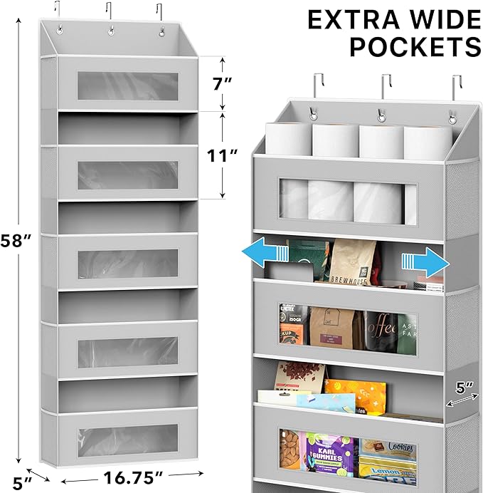 Simple Houseware Large Heavy Duty Over the Door Organizer with 5 Clear Window Pockets, 45 lbs Capacity for Pantry, Closet, Bathroom, Gray