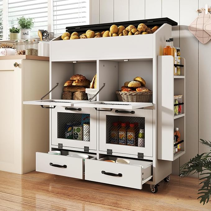 Verano Garden Large Potato and Onion Storage Bin on Wheels, Wood Bread Box w/Lid & Mesh Doors, 4-Tier Rolling Fruit and Vegetable Storage Organizer w/Grocery Section & Side Rack (White, 31.5")