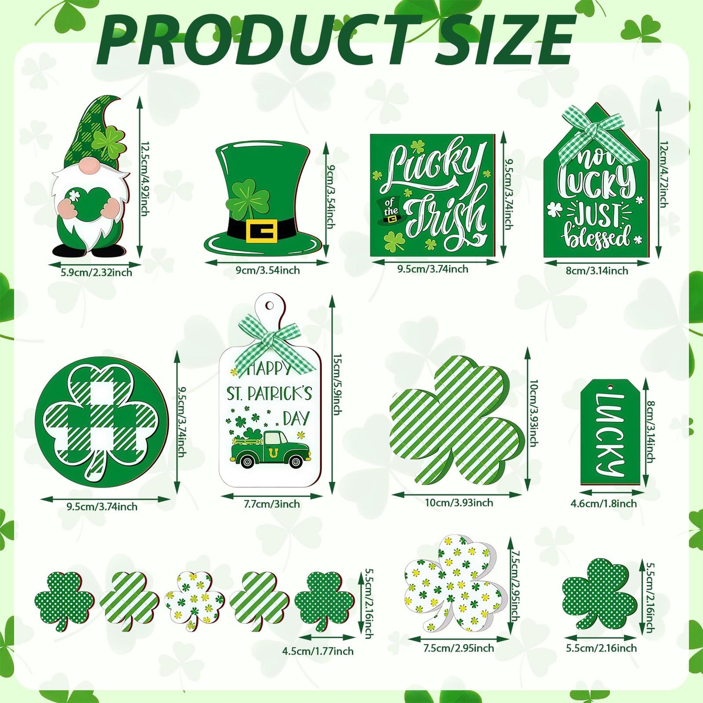 15PCS St. Patrick's Day Tray Decor Wooden Signs Table Centerpieces with Plush Gnome, Shamrock Pattern, Blessing Ornaments & 1 Mini String Light for St. Patrick's Day Party Tabletop Tray Decoration