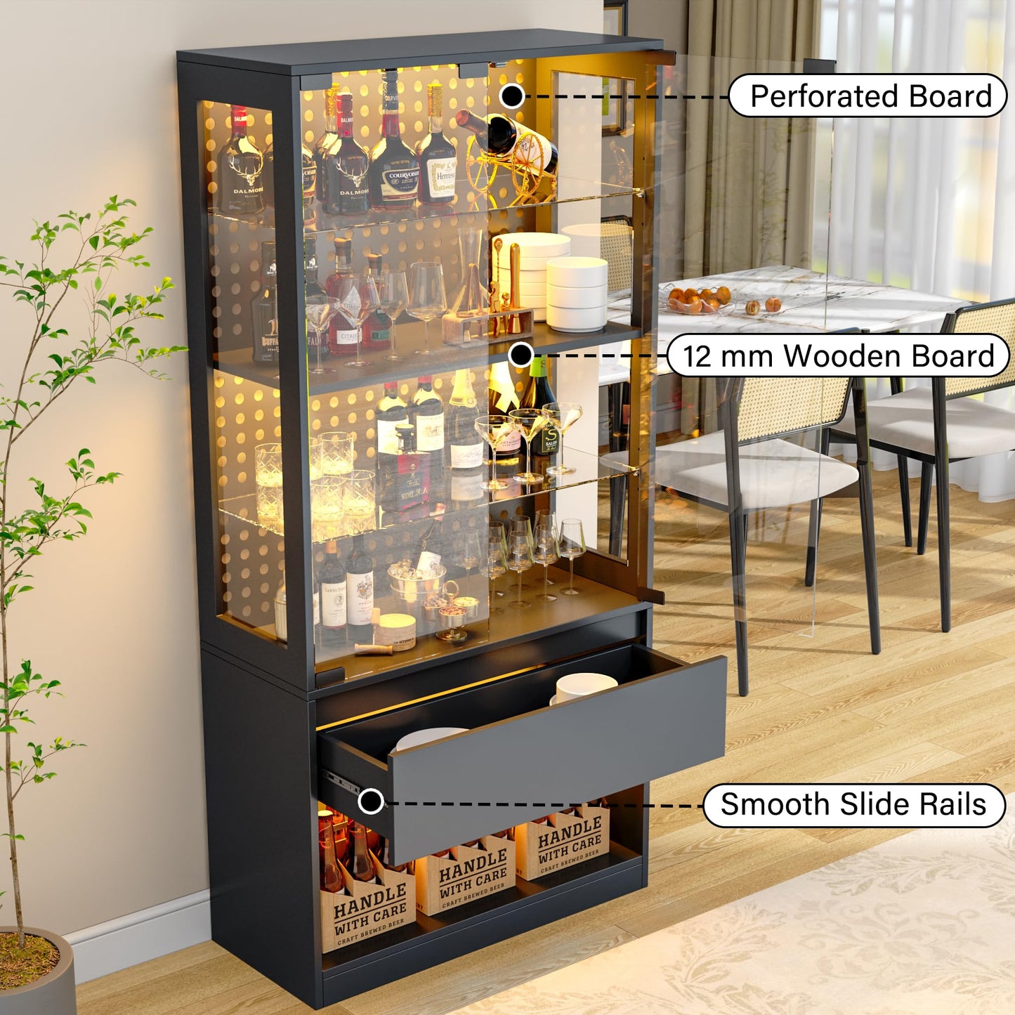 kepptory 5-Tier Glass Display Cabinet with Drawer and Glass Doors, Curio Cabinet with Pegboard and Adjustable Shelves, LED Display Case for Collectibles Gaming Liquor(31.5" W)