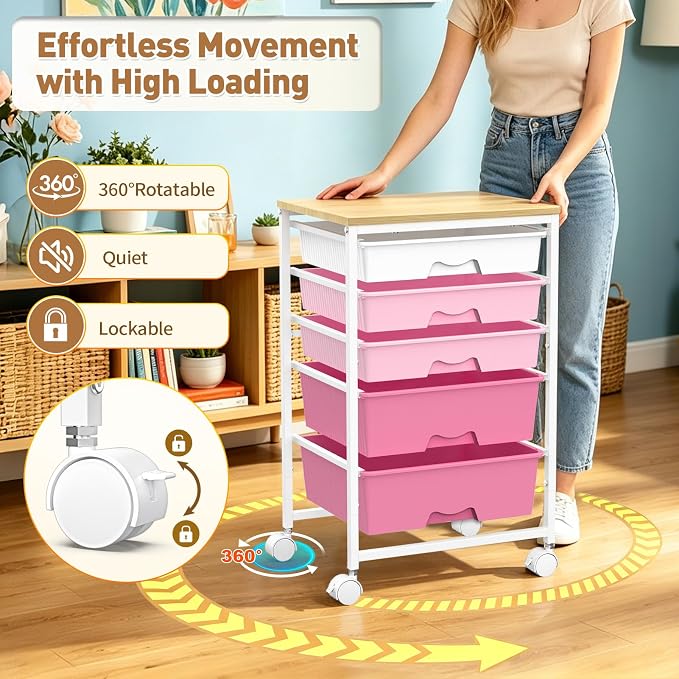 SUNALLY Rolling Storage Utility Cart With 5 Drawers, 5 Tier Rolling Cart with Wooden Tabletop and 2 Lockable Wheels, Storage Drawer Cart for Craft Art Supply Storage & Home Office Organization, Pink