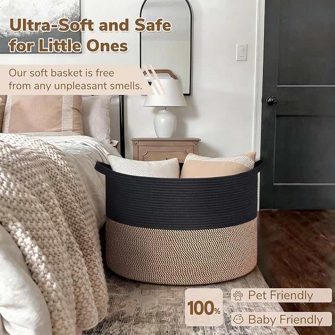 INDRESSME 115L Extra Large Storage Baskets for Organizing, Blanket Basket Living Room Dog Toy Bin, Wicker Storage Woven Laundry Basket for Pillows, Towel Shoes Entryway, Mix Black