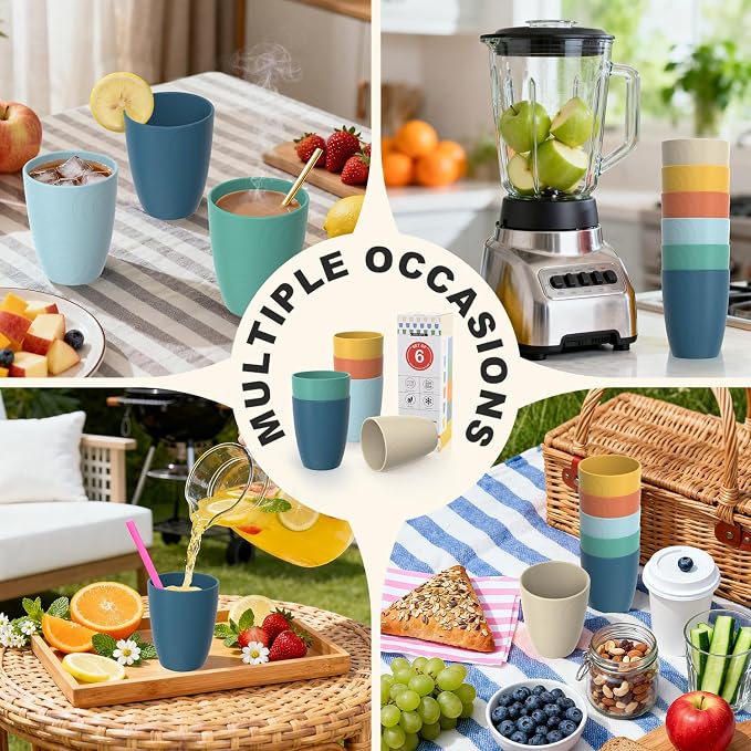 Wheat Straw Cups, Plastic Cups Unbreakable Drinking Cups Set of 6, Reusable Plastic Cup 12 OZ, Dishwasher Safe Tumblers & Water Glasses, Multi