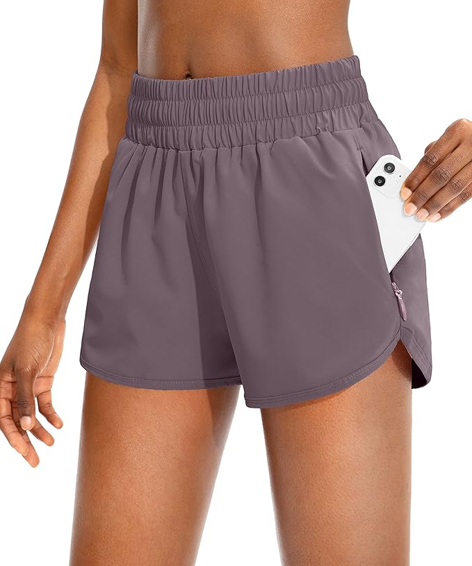 SANTINY Women's Running Shorts with Zip Pockets High Waisted Athletic Workout Gym Shorts for Women with Liner