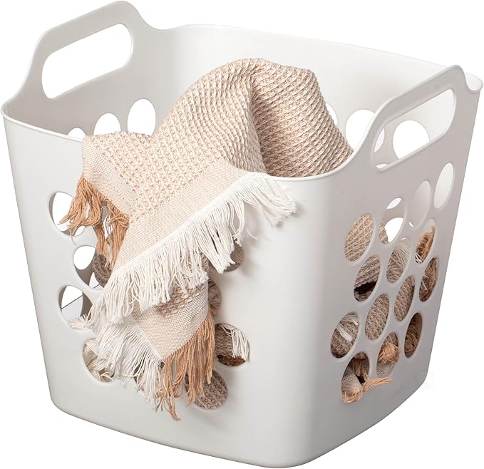 Flexible Plastic Laundry Basket - Square Storage Hamper with Side Handles for Easy Carrying - Versatile Organizer for Laundry, and Household Storage, 28 Litter White