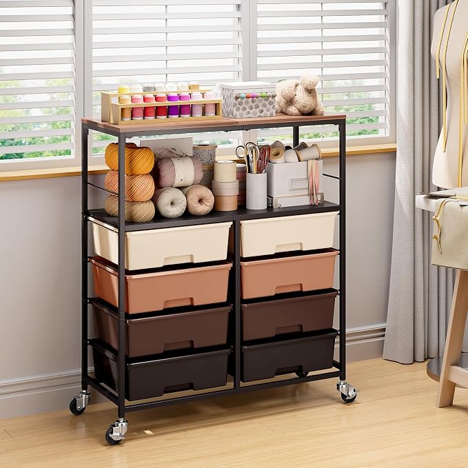Rolling cart with 8 drawers,Storage drawer cart with wooden tabletop,Lockable wheels organizer for homeschool, arts & crafts, classroom, office & creative spaces (Brown)