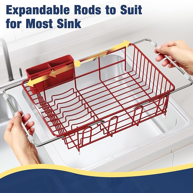 JASIWAY Red Dish Drying Rack in Sink, Expandable Stainless Steel Dish Drainers for Kitchen Counter, Dish Dryer Rack for Inside Sink, Over The Sink Dish Racks with Utensil Holder