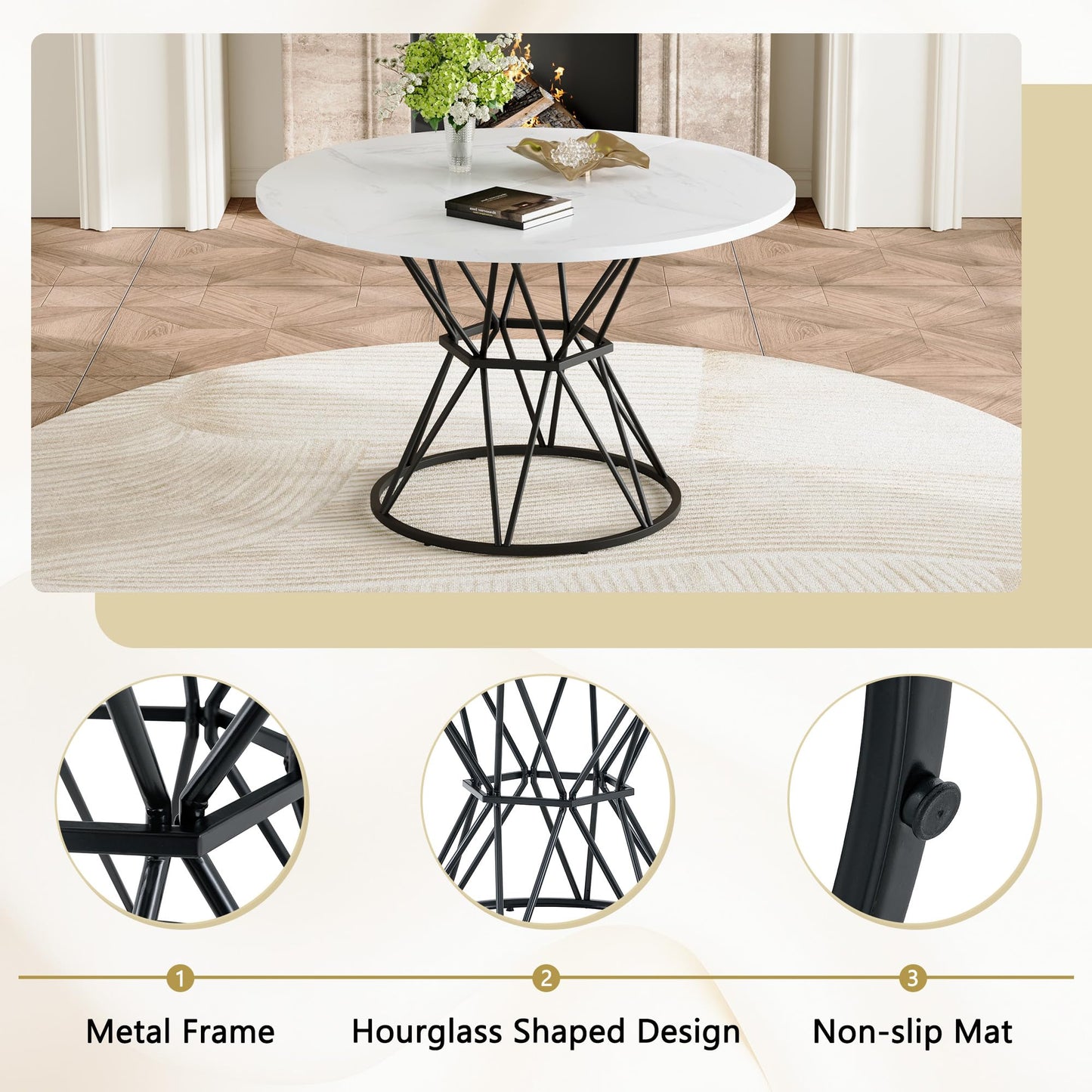 KEIKI Round Dining Table Set for 4, 47.3" White Faux Marble Kitchen Table with Black Metal Base & 4 White Gray PU Leather Chairs, Modern Industrial Dining Room Set with Gold Accent for Apartment